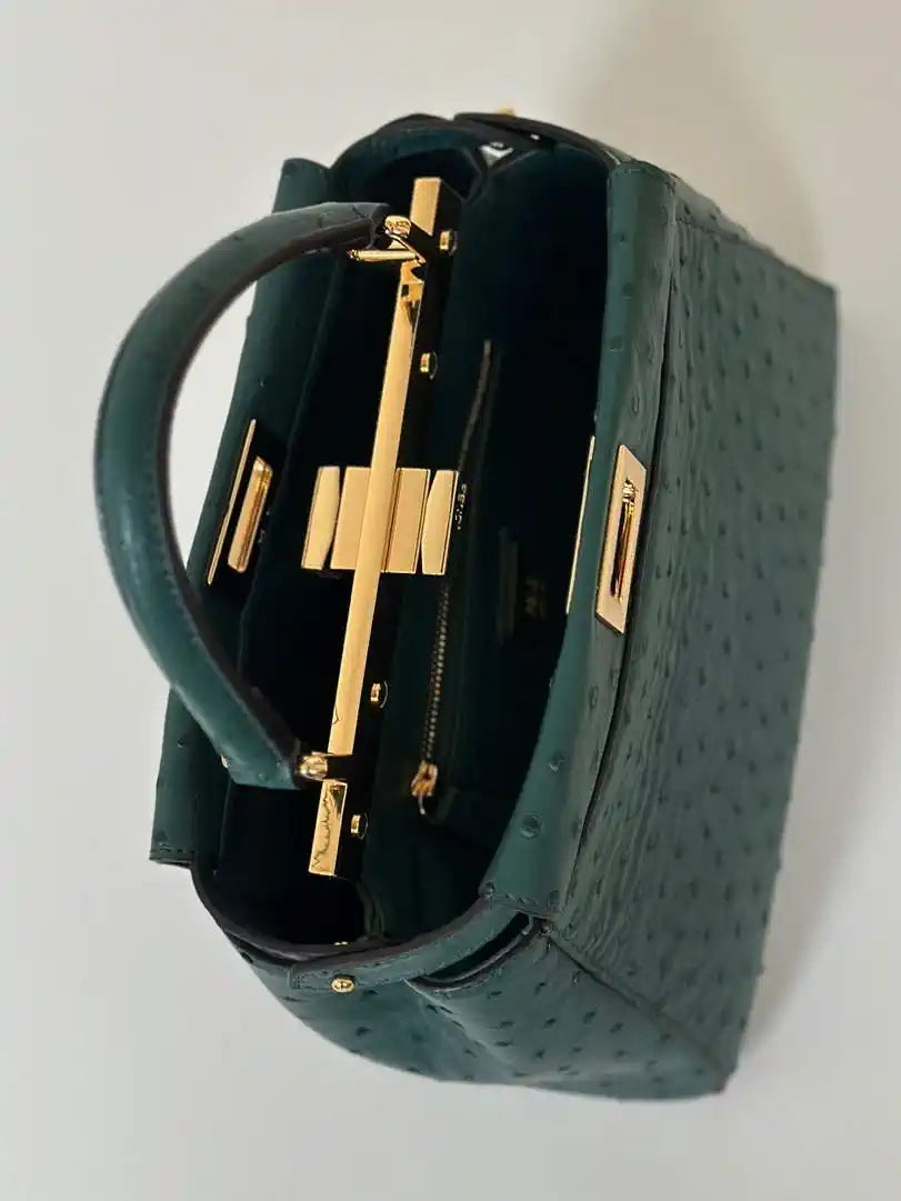 Fendi 8BN244 Peekaboo Iconic Mini Green Ostrich Leather 66806 Bag