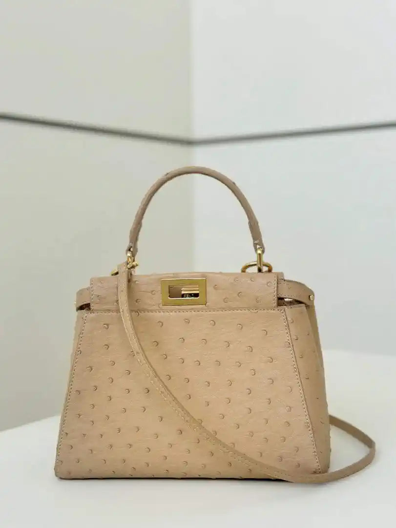 Fendi 8BN244 Peekaboo Iconic Mini Apricot Ostrich Leather 66806 Bag