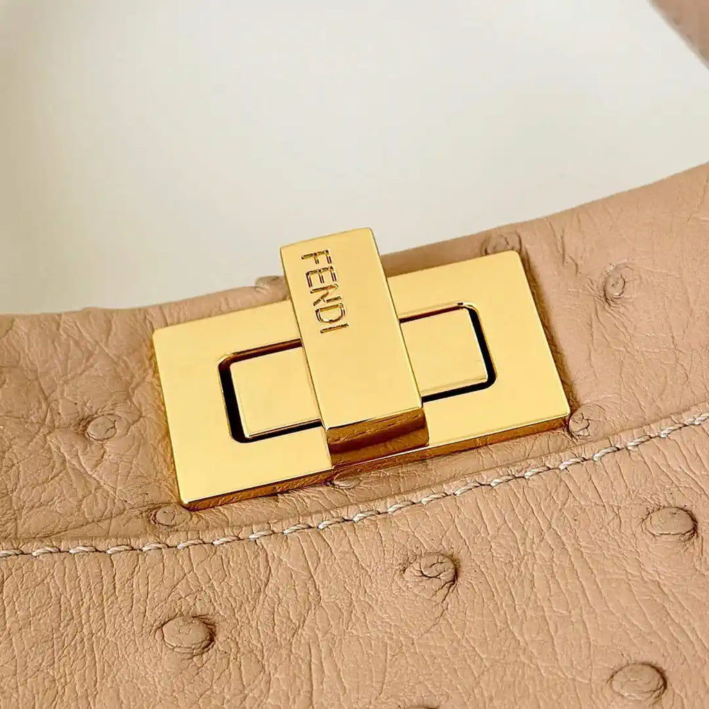 Fendi 8BN244 Peekaboo Iconic Mini Apricot Ostrich Leather 66806 Bag