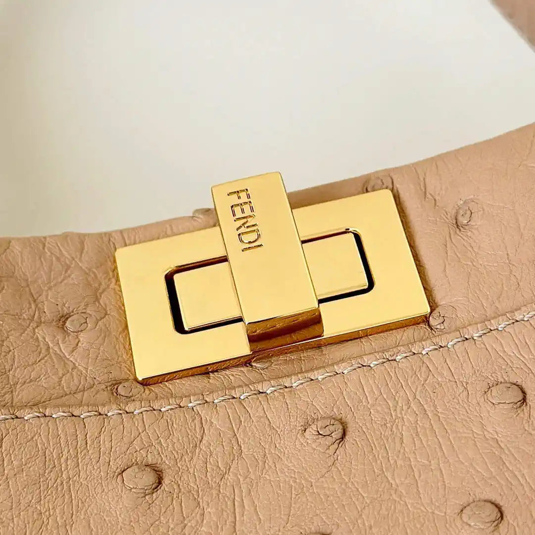 Fendi 8BN244 Peekaboo Iconic Mini Apricot Ostrich Leather 66806 Bag