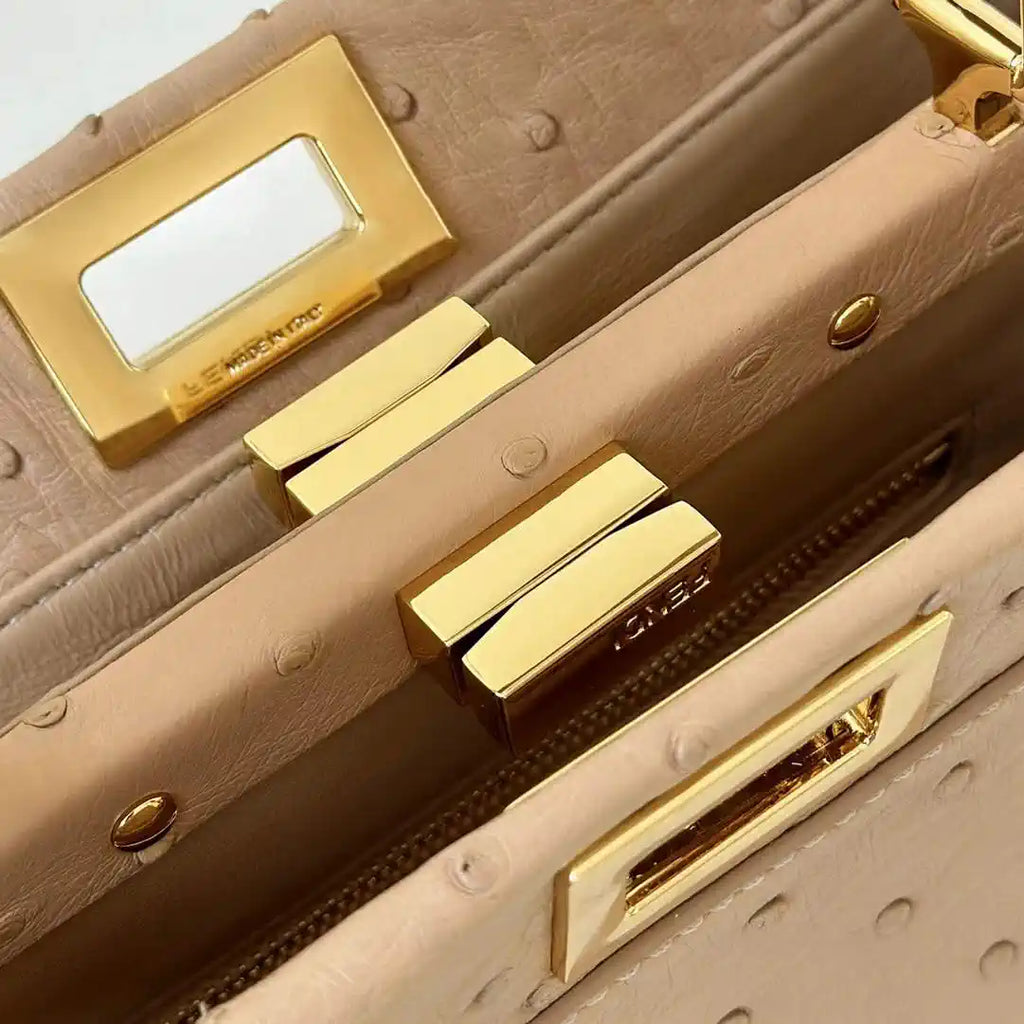 Fendi 8BN244 Peekaboo Iconic Mini Apricot Ostrich Leather 66806 Bag