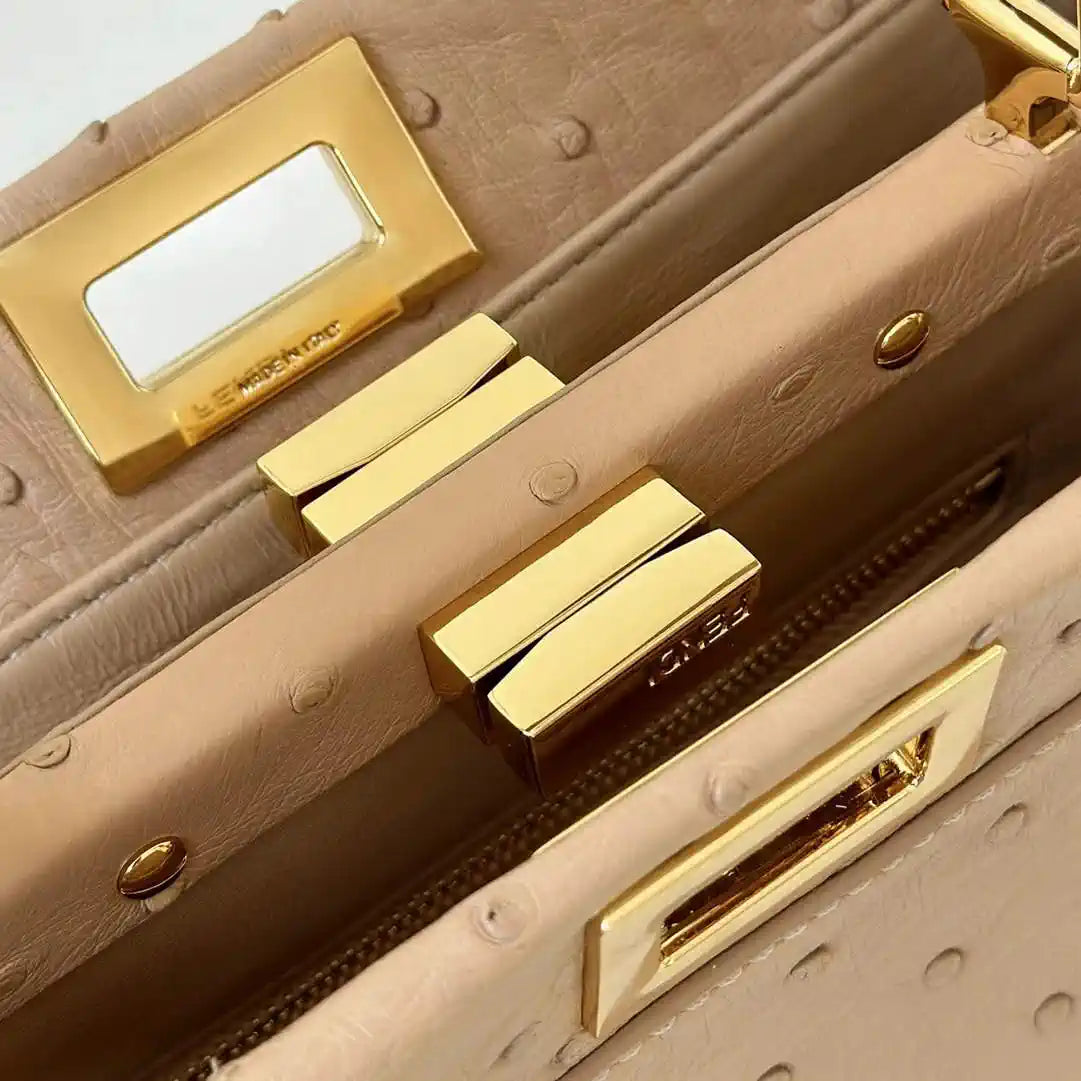 Fendi 8BN244 Peekaboo Iconic Mini Apricot Ostrich Leather 66806 Bag