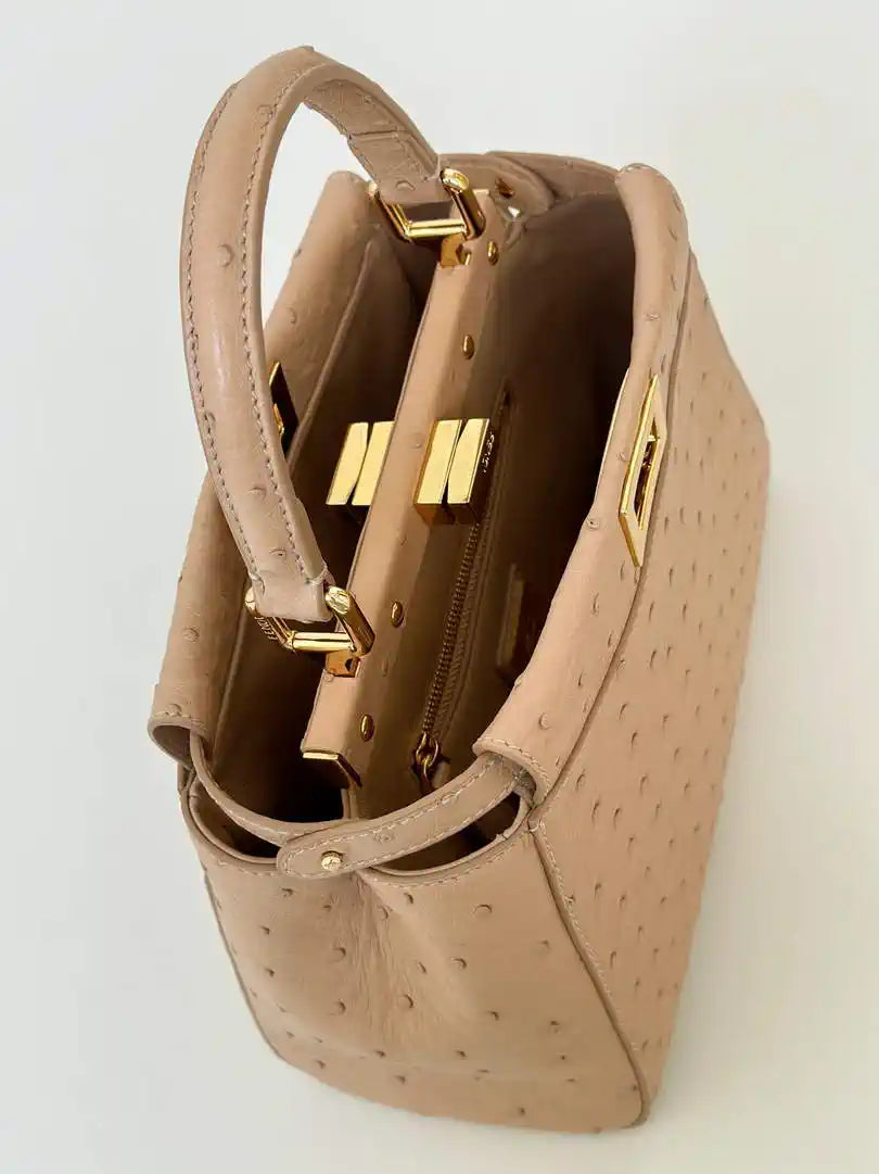 Fendi 8BN244 Peekaboo Iconic Mini Apricot Ostrich Leather 66806 Bag