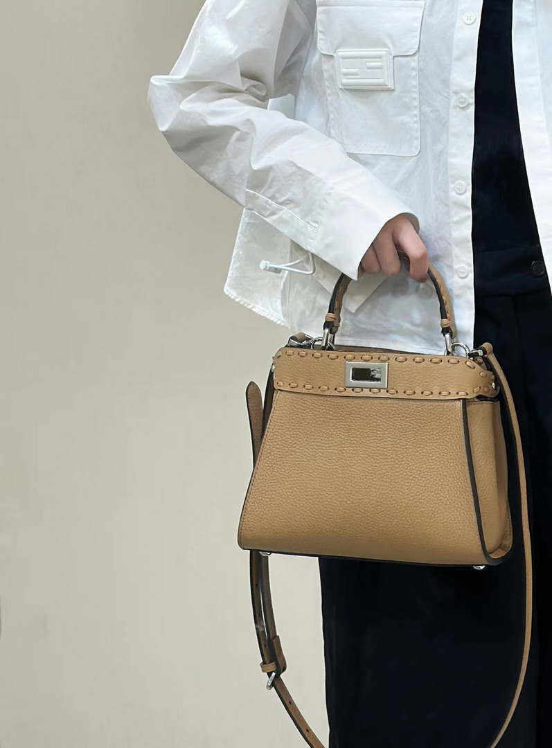 Fendi 8BN244 Peekaboo Mini Apricot Selleria bag with 220 hand-sewn topstitches 8615