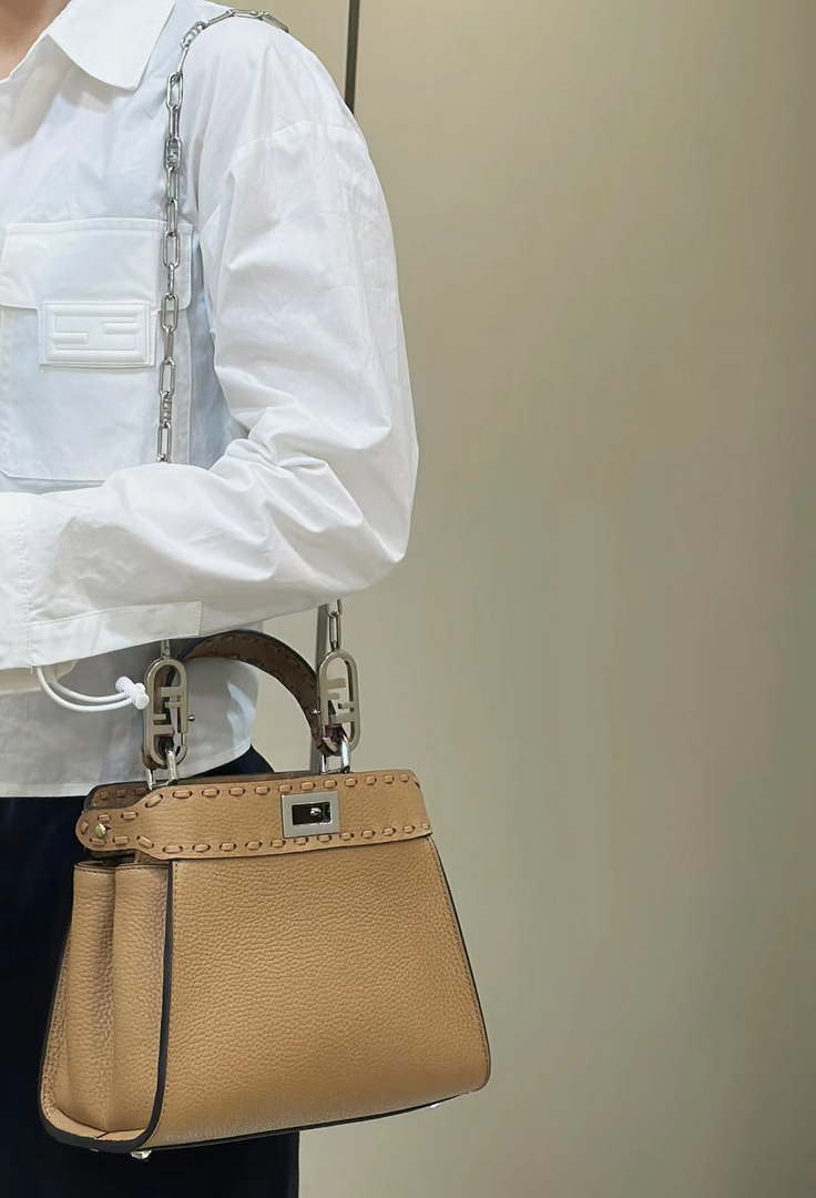 Fendi 8BN244 Peekaboo Mini Apricot Selleria bag with 220 hand-sewn topstitches 8615