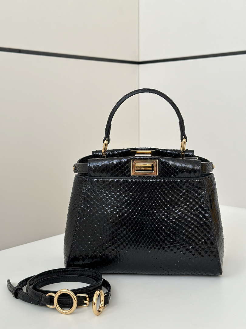 Fendi 8BN244 Peekaboo Mini Bag Black Python Leather Bag 66803