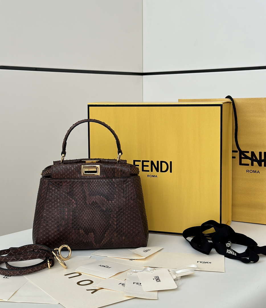 Fendi 8BN244 Peekaboo Mini Bag Dark Brown Python Leather Bag 66803