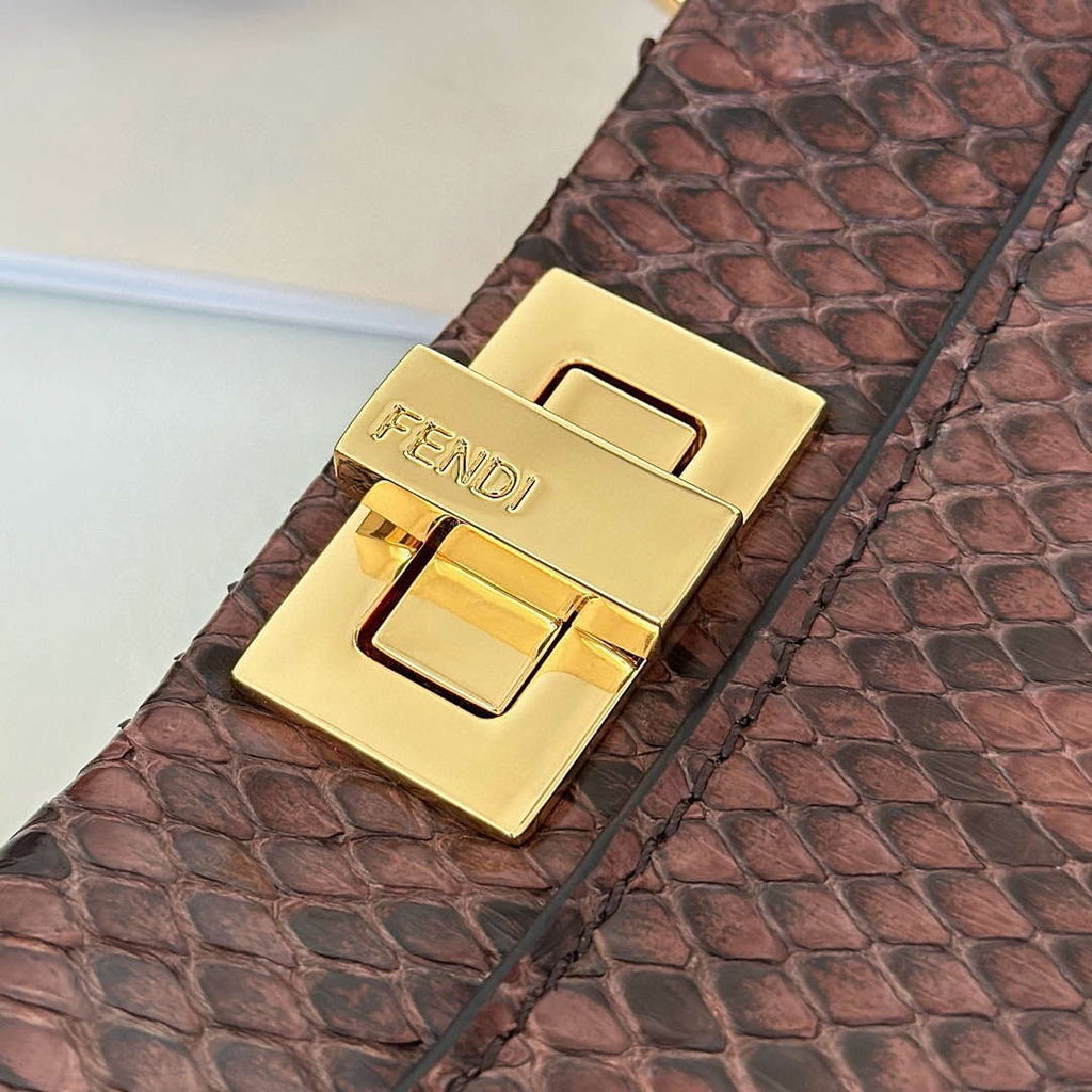 Fendi 8BN244 Peekaboo Mini Bag Dark Brown Python Leather Bag 66803