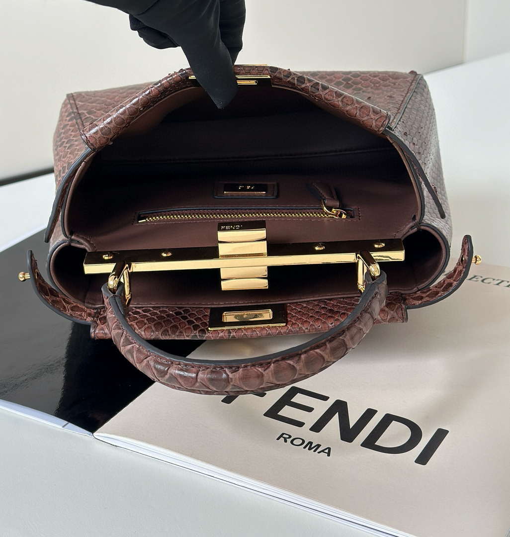 Fendi 8BN244 Peekaboo Mini Bag Dark Brown Python Leather Bag 66803