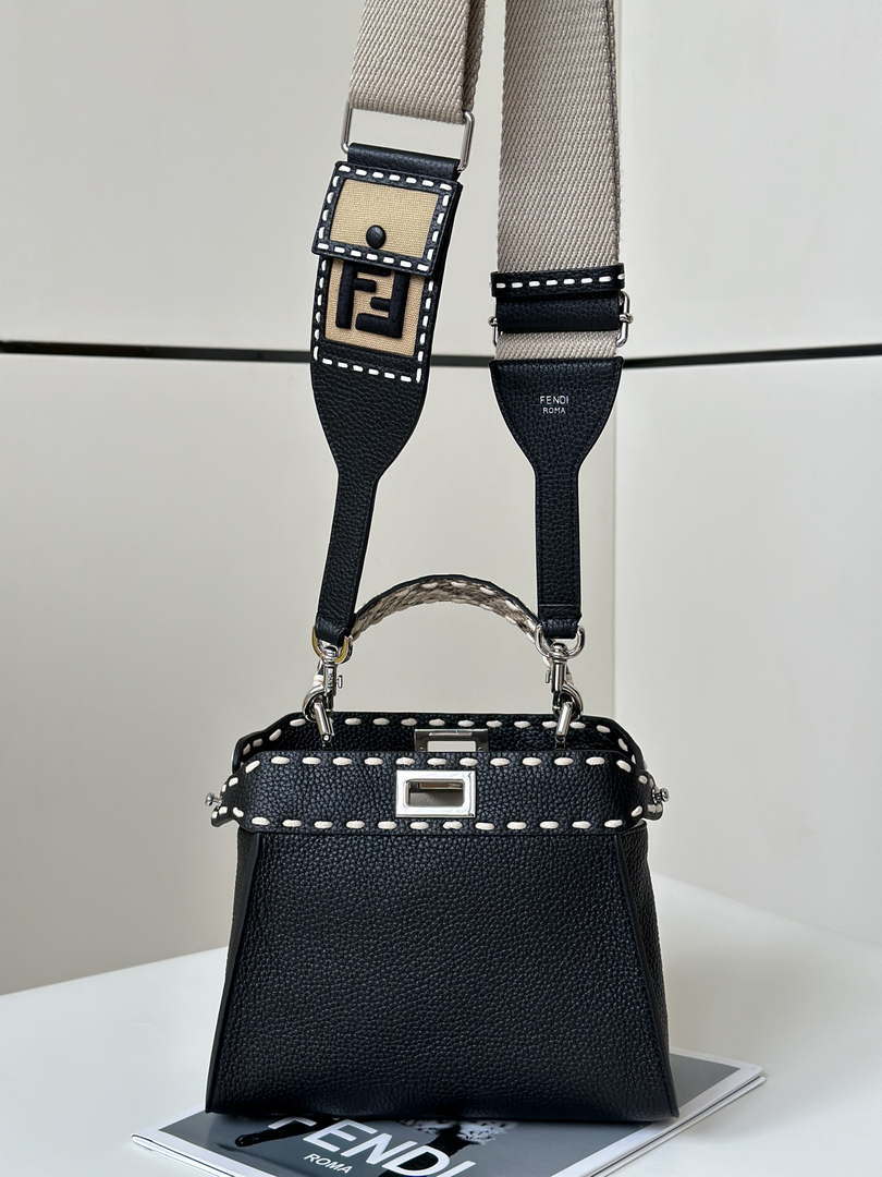 Fendi 8BN244 Peekaboo Mini Black Selleria bag with 220 hand-sewn topstitches 8522A