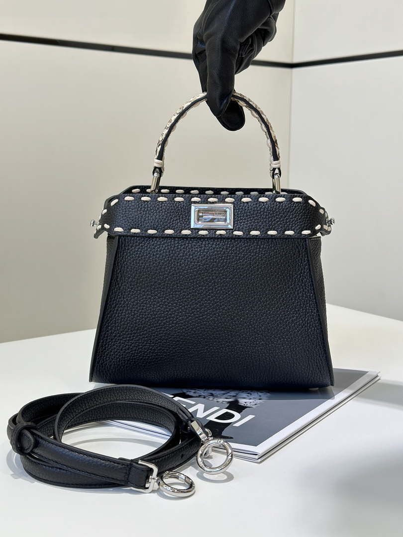 Fendi 8BN244 Peekaboo Mini Black Selleria bag with 220 hand-sewn topstitches 8522A