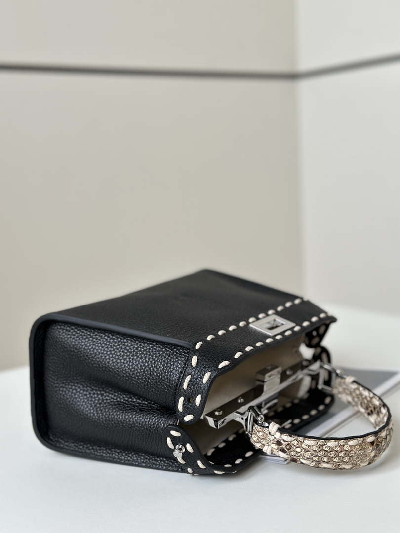Fendi 8BN244 Peekaboo Mini Black Selleria bag with 220 hand-sewn topstitches 8522A