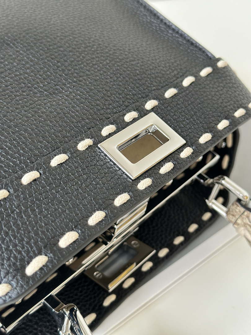 Fendi 8BN244 Peekaboo Mini Black Selleria bag with 220 hand-sewn topstitches 8522A
