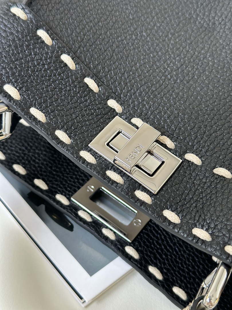 Fendi 8BN244 Peekaboo Mini Black Selleria bag with 220 hand-sewn topstitches 8522A