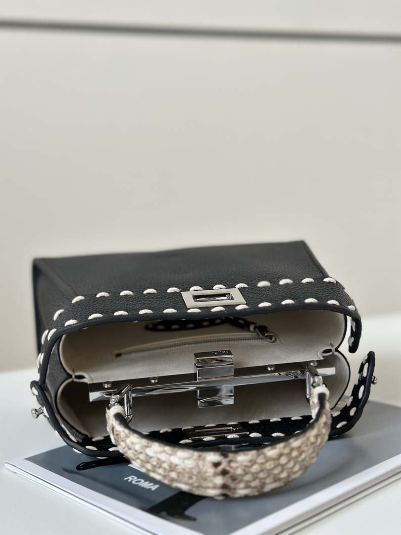 Fendi 8BN244 Peekaboo Mini Black Selleria bag with 220 hand-sewn topstitches 8522A