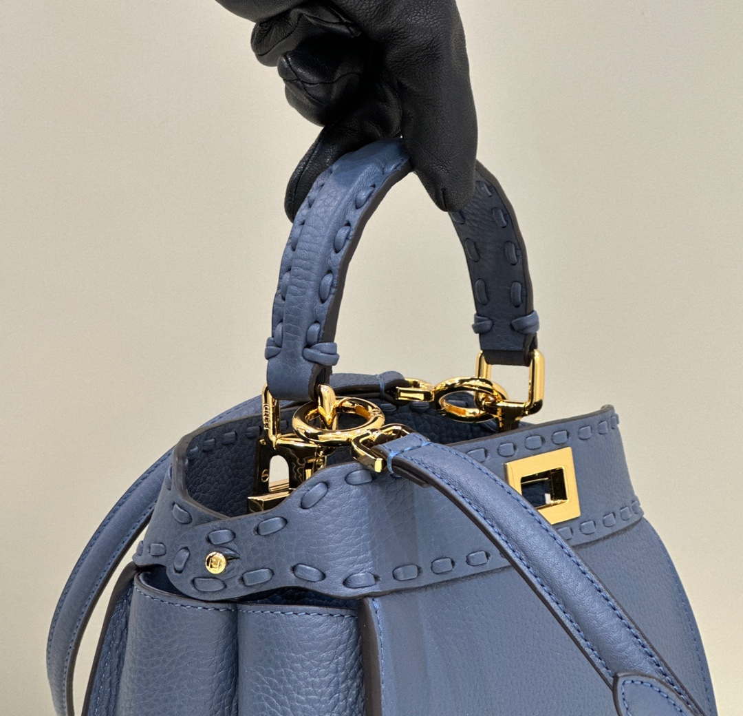 Fendi 8BN244 Peekaboo Mini Blue Selleria bag with 220 hand-sewn topstitches 8615