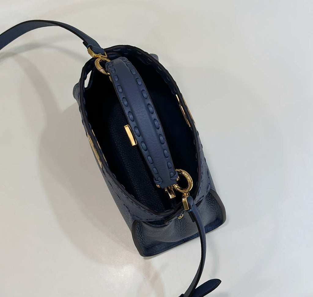 Fendi 8BN244 Peekaboo Mini Blue Selleria bag with 220 hand-sewn topstitches 8615