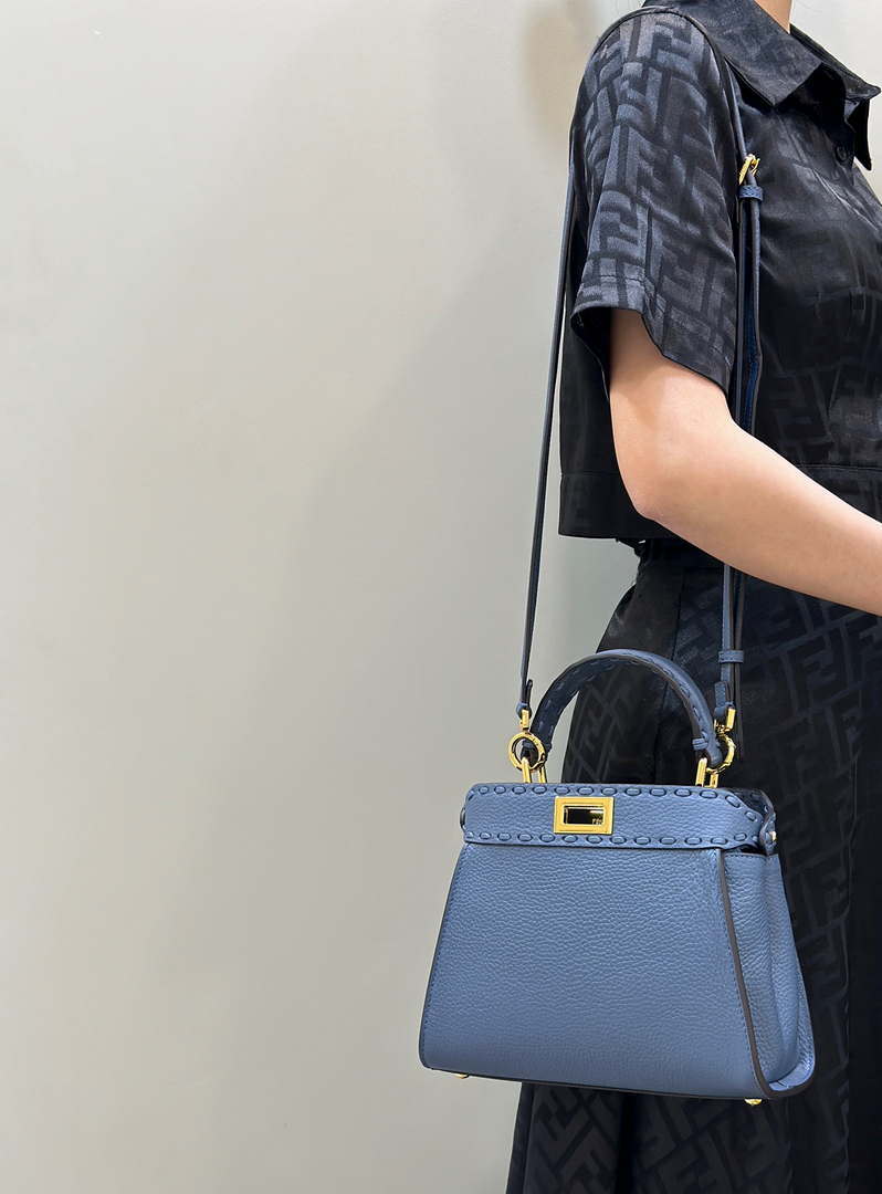 Fendi 8BN244 Peekaboo Mini Blue Selleria bag with 220 hand-sewn topstitches 8615