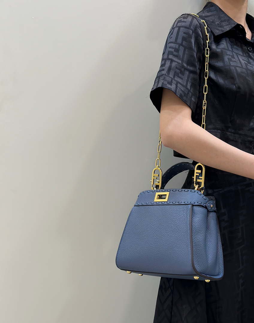 Fendi 8BN244 Peekaboo Mini Blue Selleria bag with 220 hand-sewn topstitches 8615