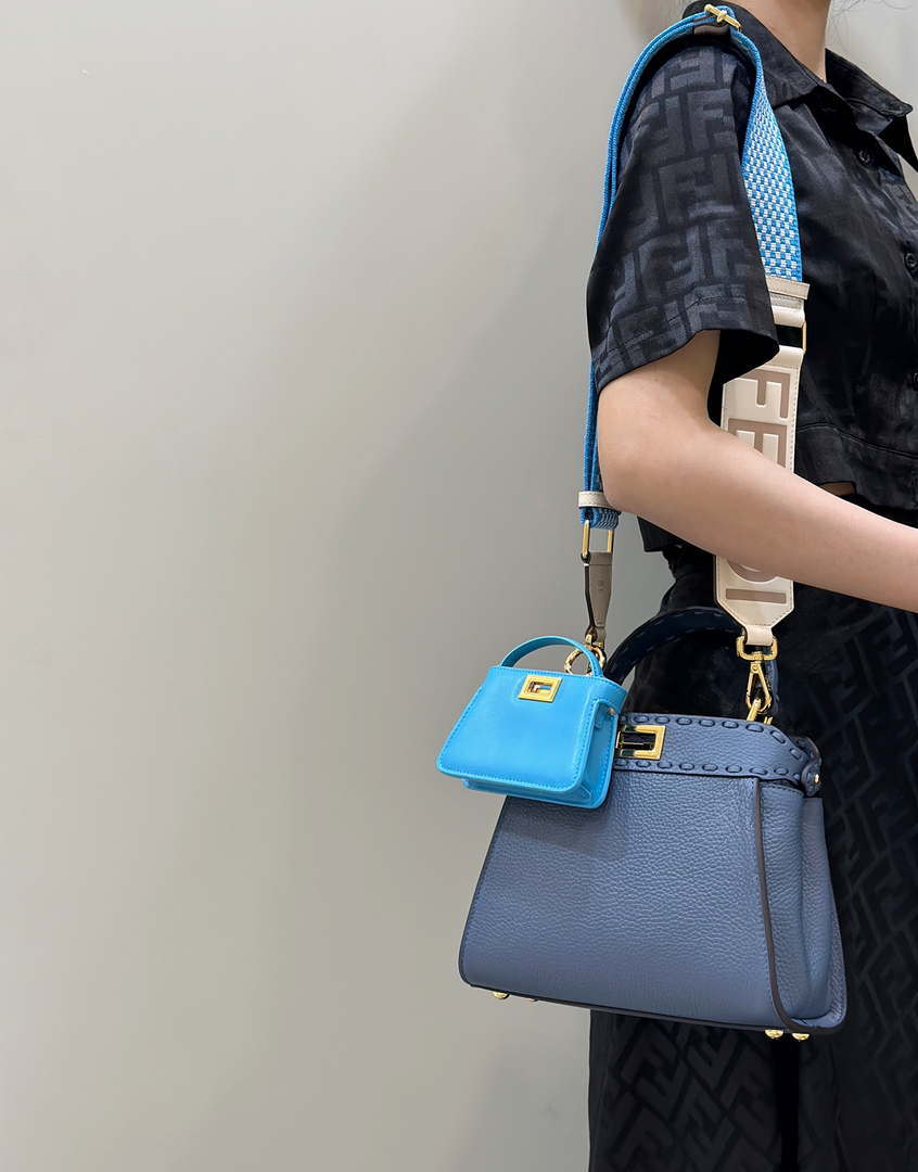 Fendi 8BN244 Peekaboo Mini Blue Selleria bag with 220 hand-sewn topstitches 8615