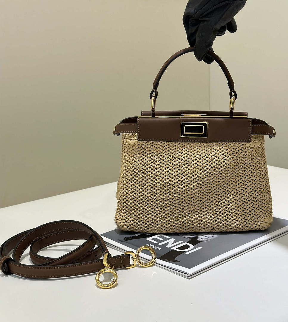 Fendi 8BN244 Peekaboo Mini Brown and Natural raffia bag 8667