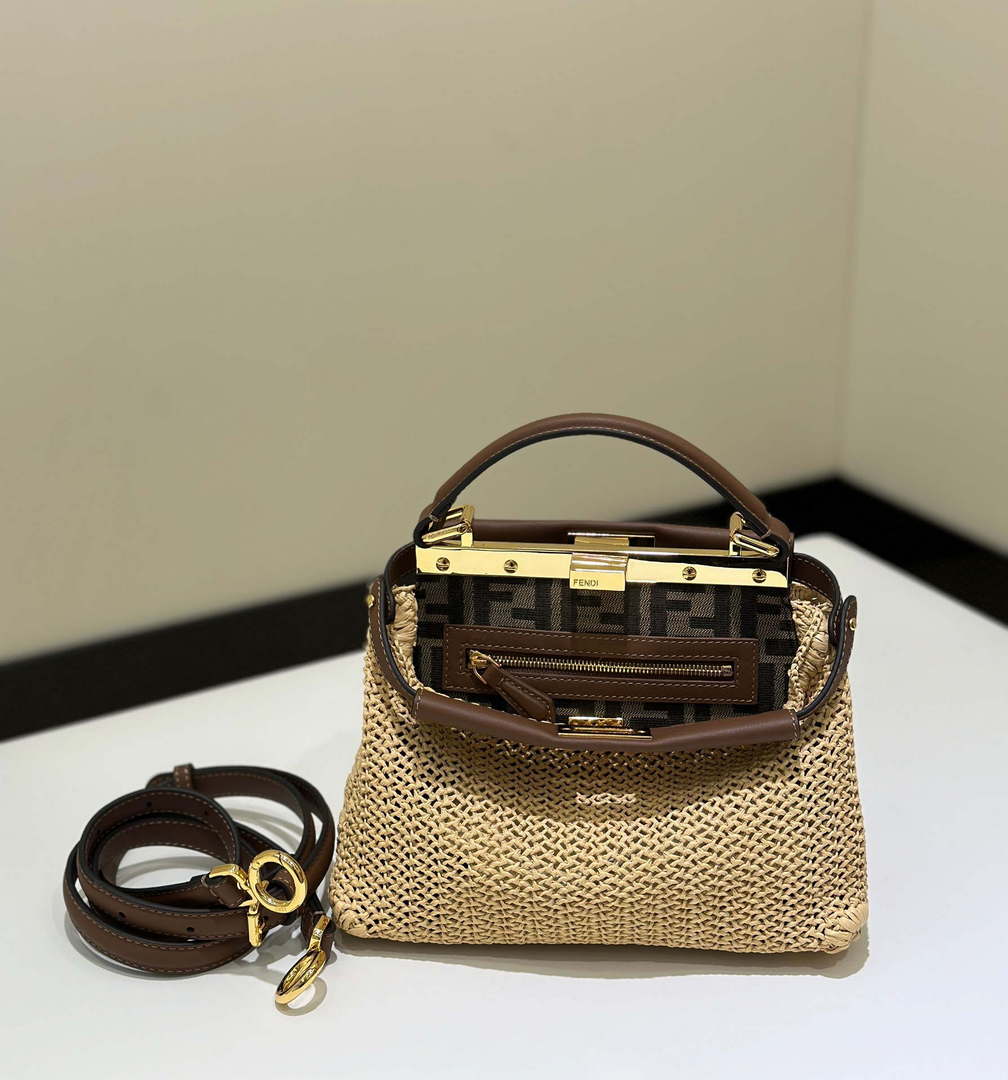 Fendi 8BN244 Peekaboo Mini Brown and Natural raffia bag 8667
