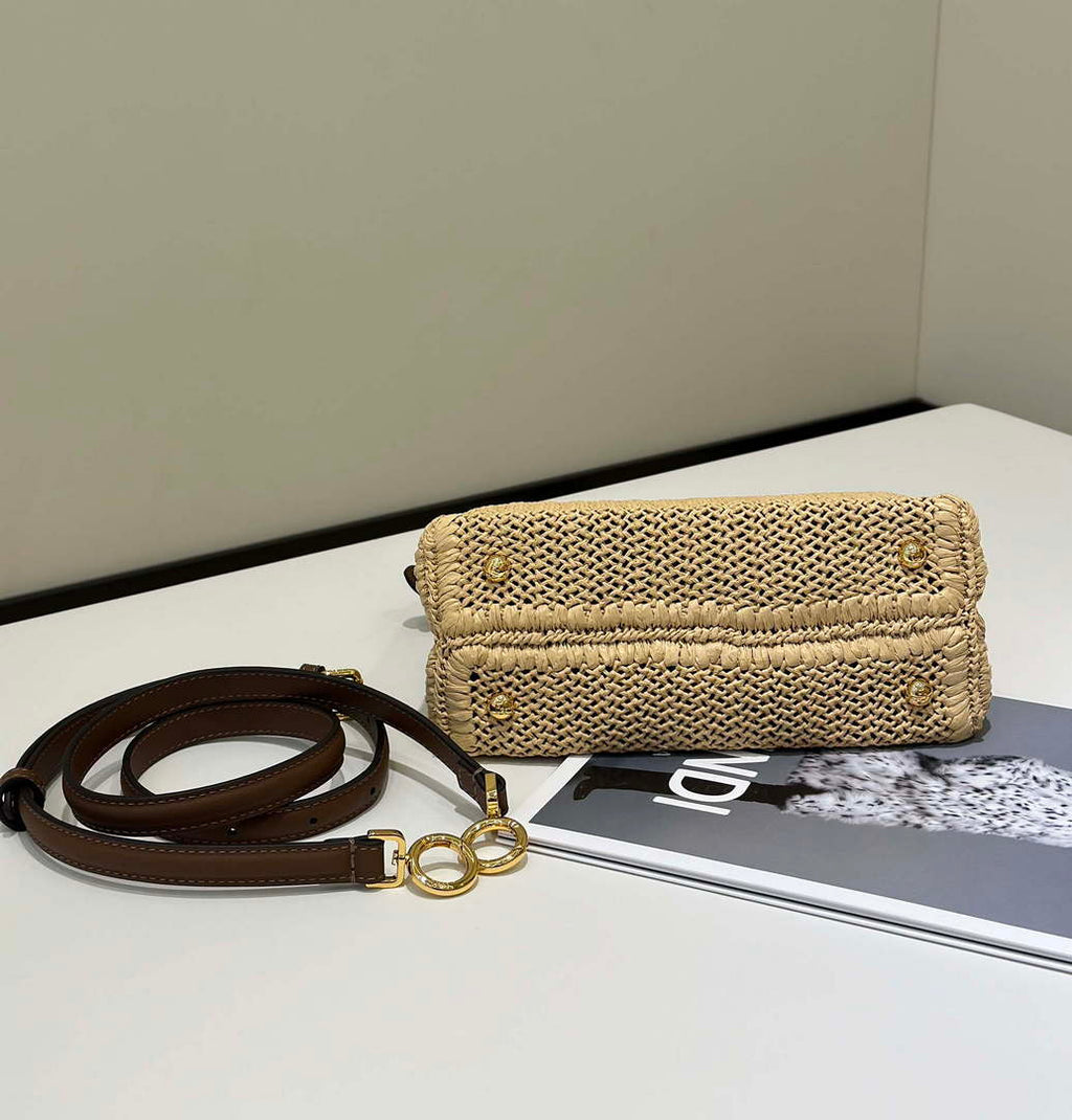 Fendi 8BN244 Peekaboo Mini Brown and Natural raffia bag 8667