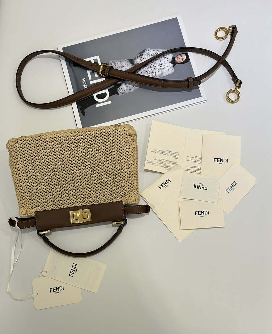 Fendi 8BN244 Peekaboo Mini Brown and Natural raffia bag 8667