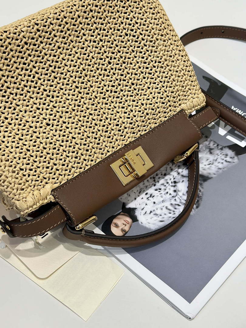 Fendi 8BN244 Peekaboo Mini Brown and Natural raffia bag 8667