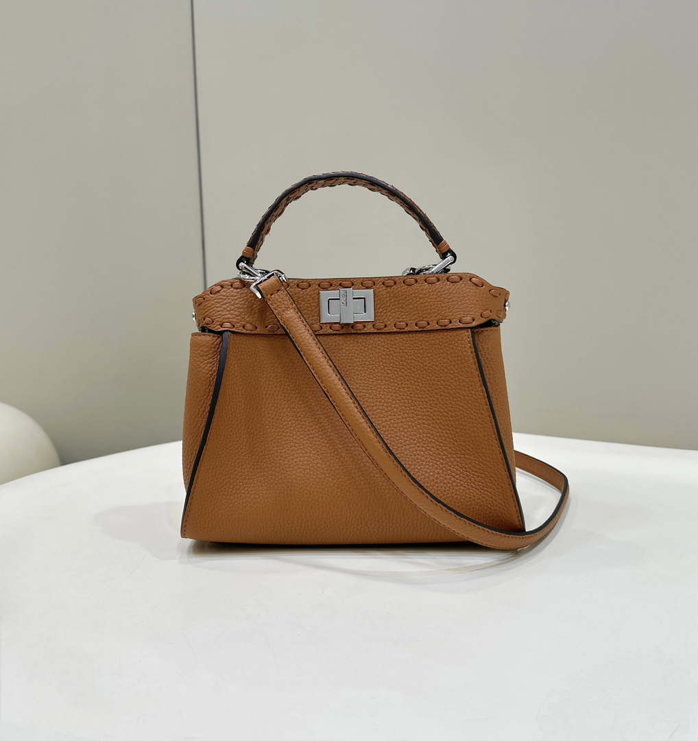 Fendi 8BN244 Peekaboo Mini Brown Selleria bag with 220 hand-sewn topstitches 8615