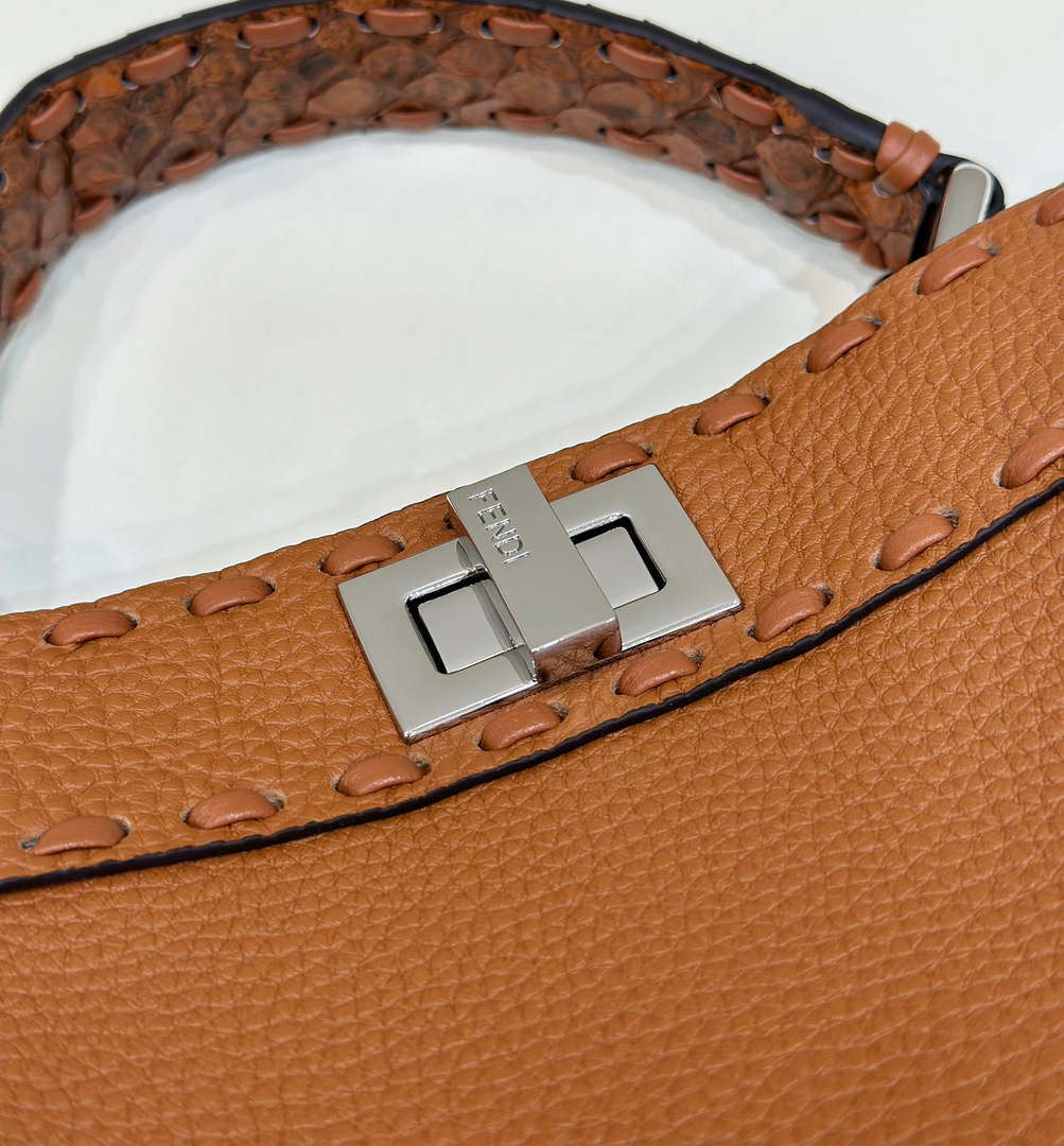 Fendi 8BN244 Peekaboo Mini Brown Selleria bag with 220 hand-sewn topstitches 8615