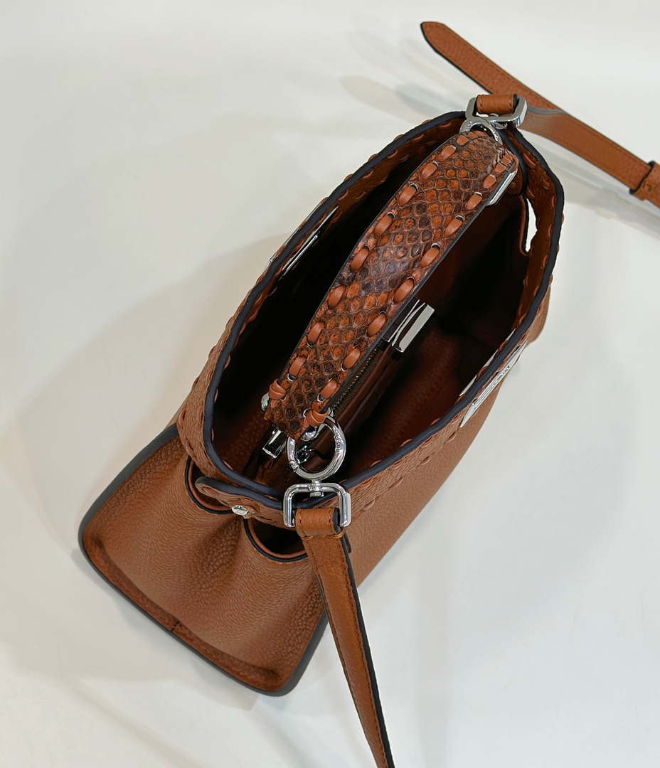 Fendi 8BN244 Peekaboo Mini Brown Selleria bag with 220 hand-sewn topstitches 8615