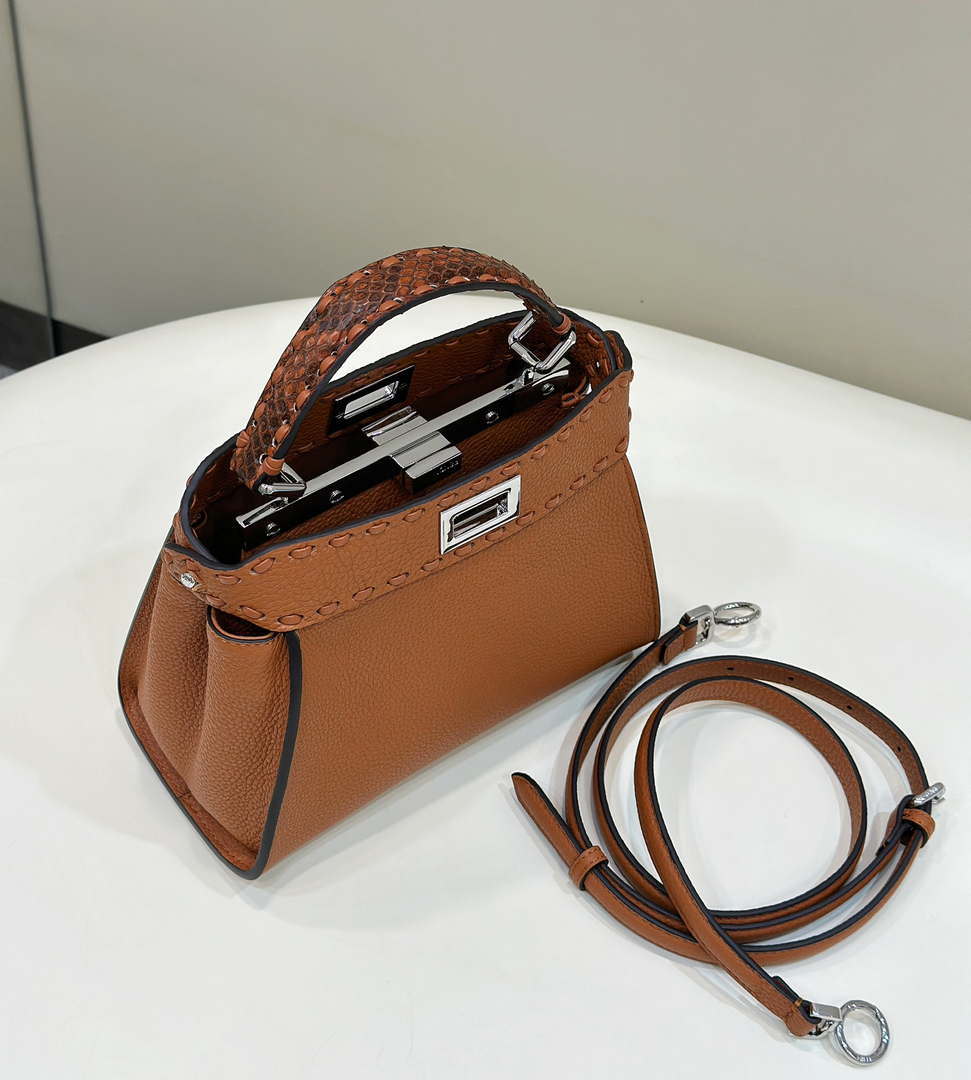 Fendi 8BN244 Peekaboo Mini Brown Selleria bag with 220 hand-sewn topstitches 8615