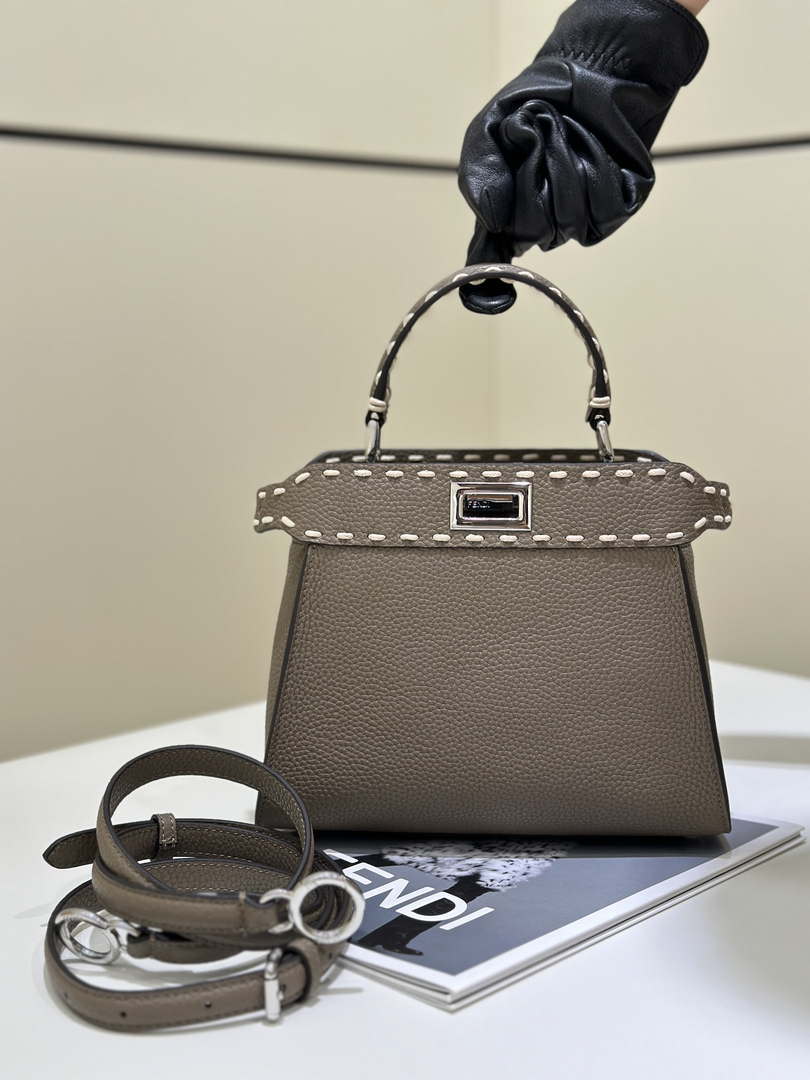 Fendi 8BN244 Peekaboo Mini Gray Selleria bag with 220 hand-sewn topstitches 8522A