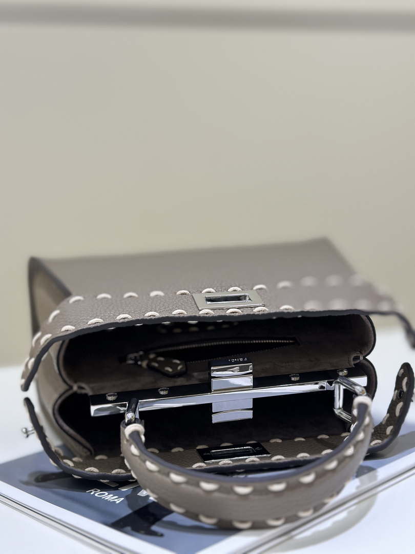 Fendi 8BN244 Peekaboo Mini Gray Selleria bag with 220 hand-sewn topstitches 8522A