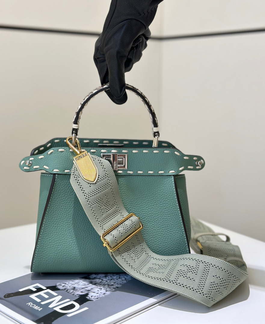 Fendi 8BN244 Peekaboo Mini Green Selleria bag with 220 hand-sewn topstitches 8522A