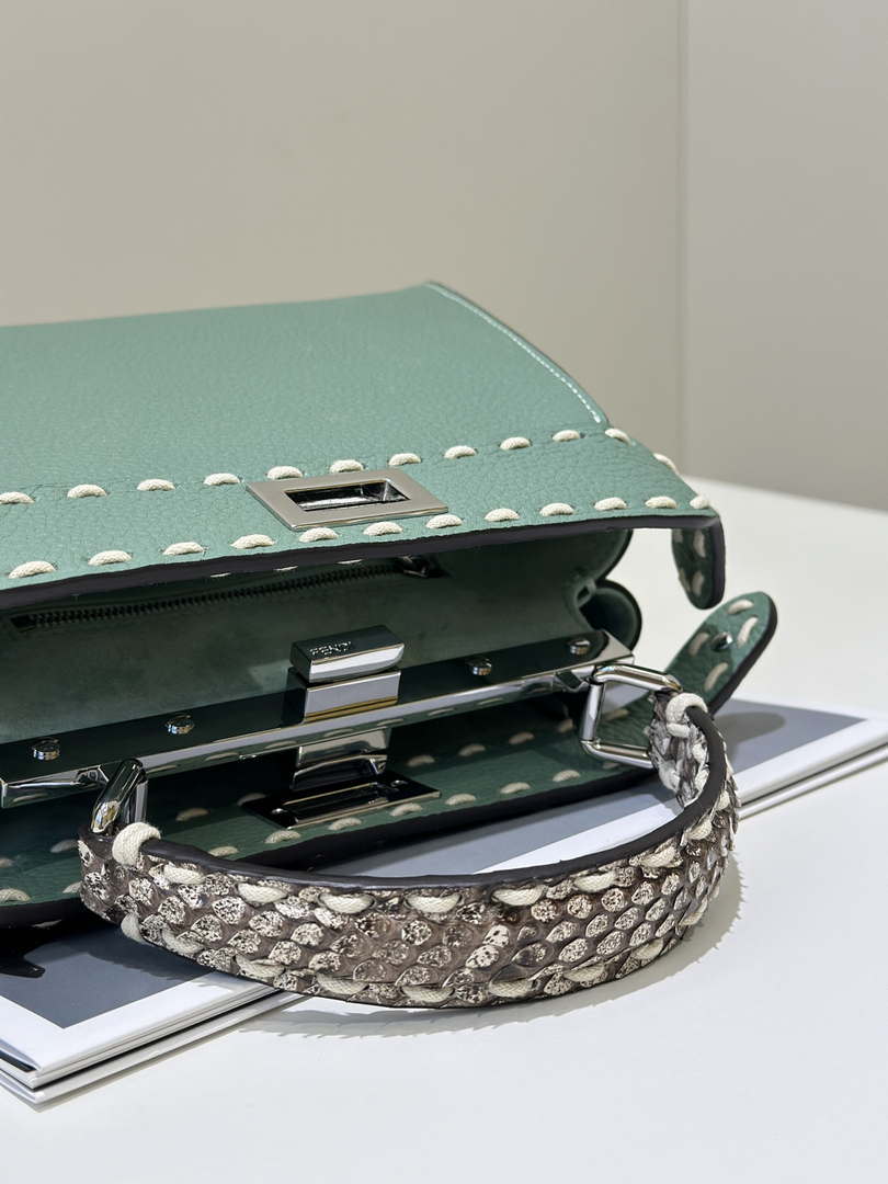 Fendi 8BN244 Peekaboo Mini Green Selleria bag with 220 hand-sewn topstitches 8522A