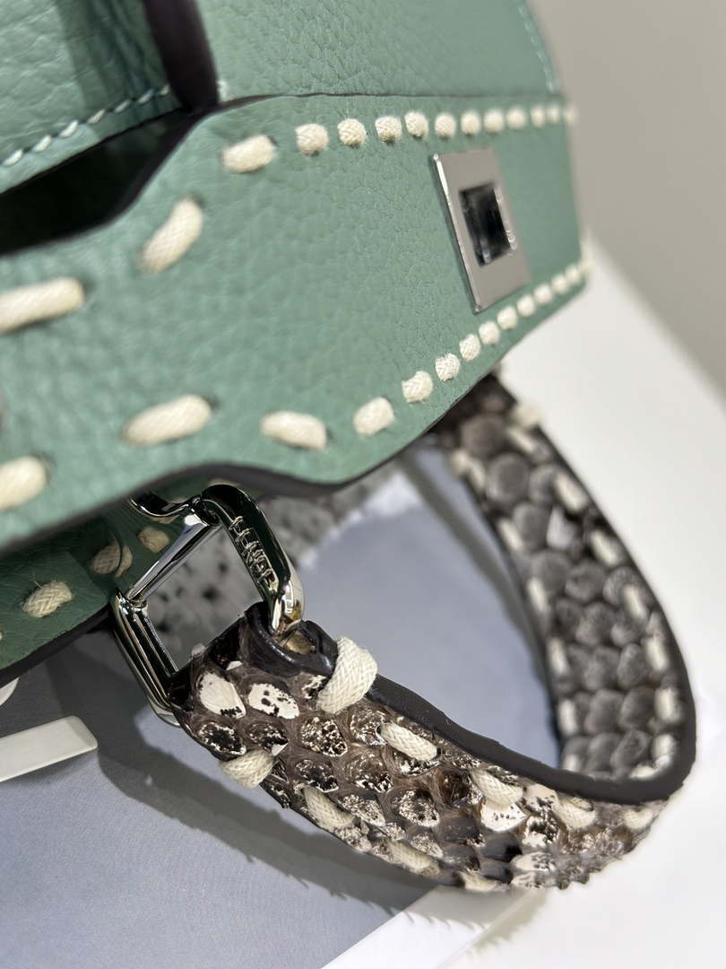 Fendi 8BN244 Peekaboo Mini Green Selleria bag with 220 hand-sewn topstitches 8522A