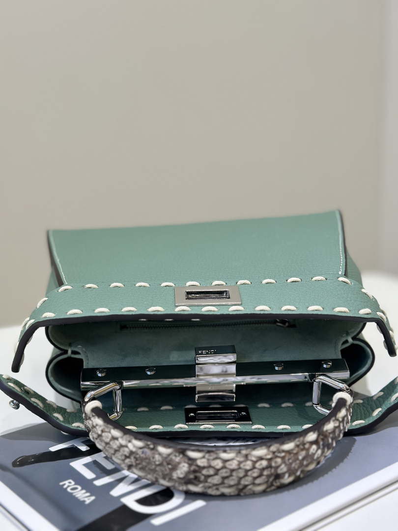 Fendi 8BN244 Peekaboo Mini Green Selleria bag with 220 hand-sewn topstitches 8522A