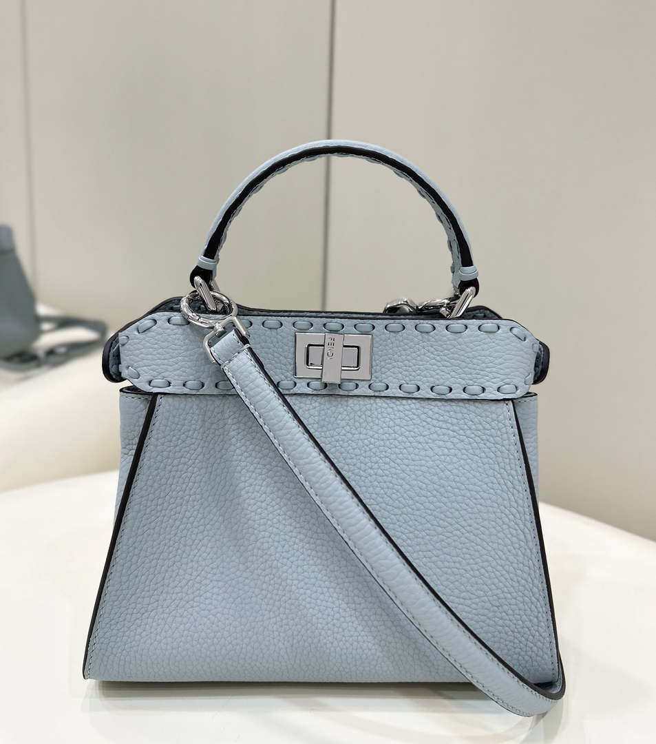 Fendi 8BN244 Peekaboo Mini Lake Blue Selleria bag with 220 hand-sewn topstitches 8615