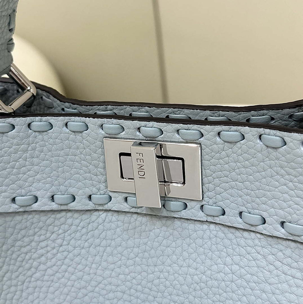 Fendi 8BN244 Peekaboo Mini Lake Blue Selleria bag with 220 hand-sewn topstitches 8615