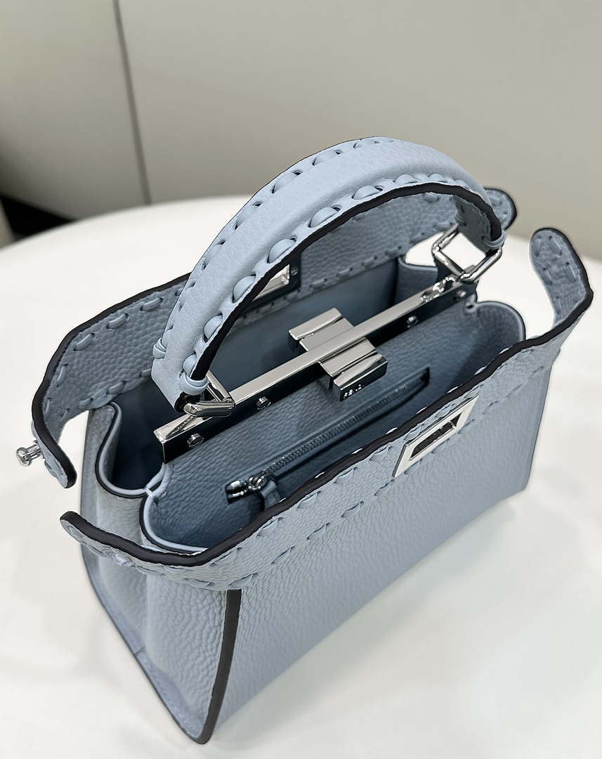 Fendi 8BN244 Peekaboo Mini Lake Blue Selleria bag with 220 hand-sewn topstitches 8615