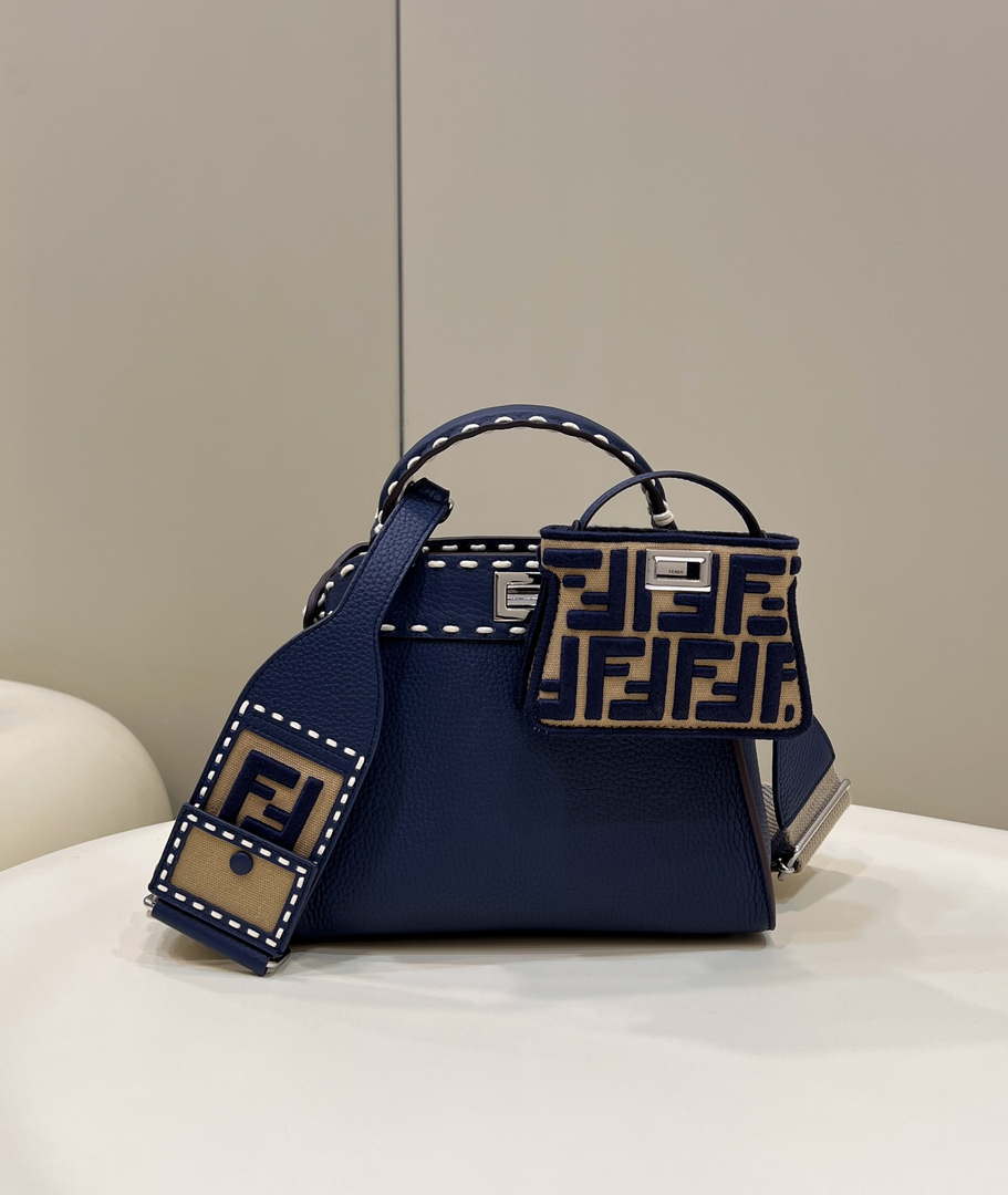 Fendi 8BN244 Peekaboo Mini Navy Blue Selleria bag with 220 hand-sewn topstitches 8522A