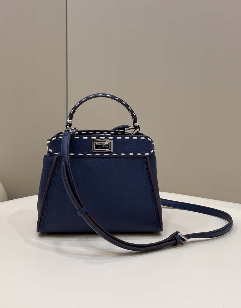 Fendi 8BN244 Peekaboo Mini Navy Blue Selleria bag with 220 hand-sewn topstitches 8522A