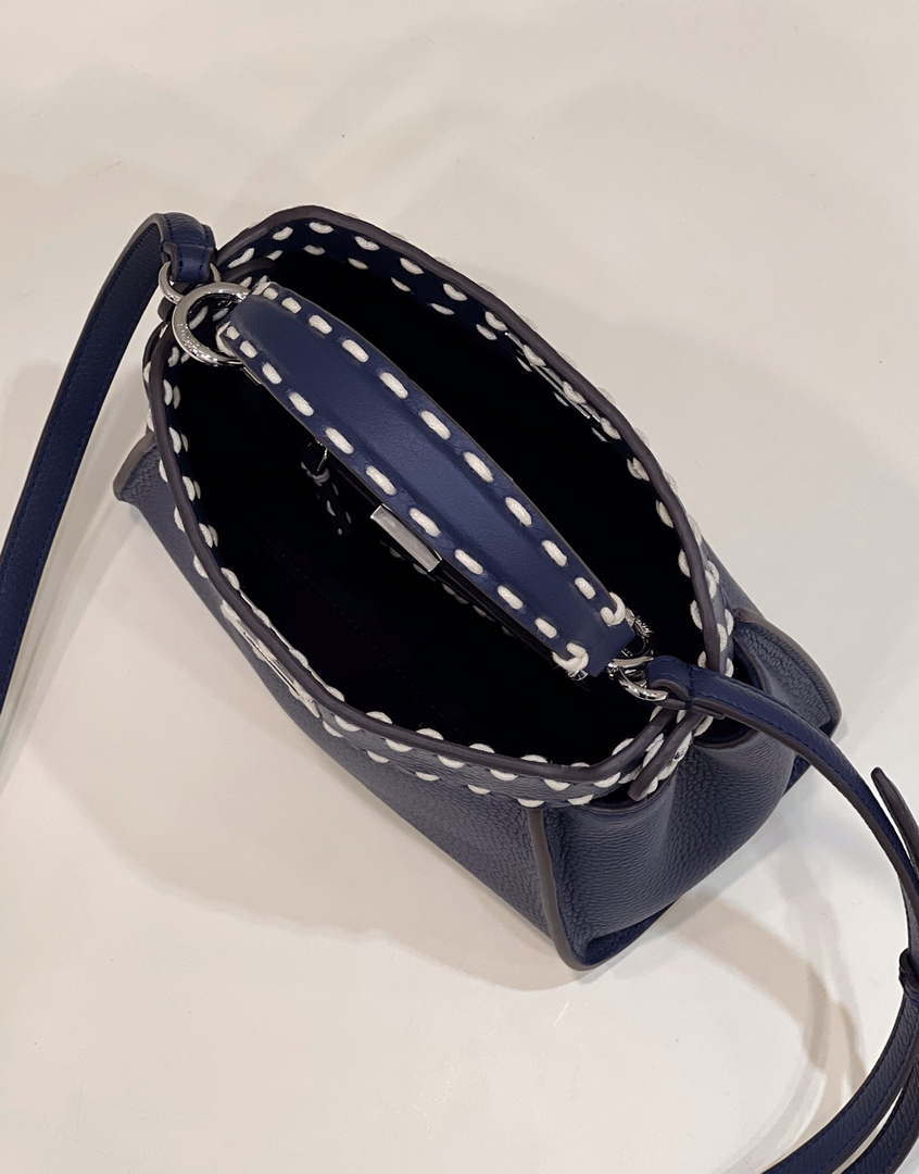 Fendi 8BN244 Peekaboo Mini Navy Blue Selleria bag with 220 hand-sewn topstitches 8522A