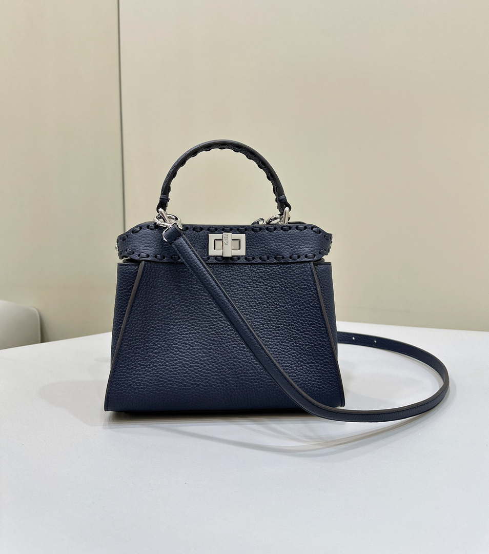 Fendi 8BN244 Peekaboo Mini Night Mist Blue Selleria bag with 220 hand-sewn topstitches 8615