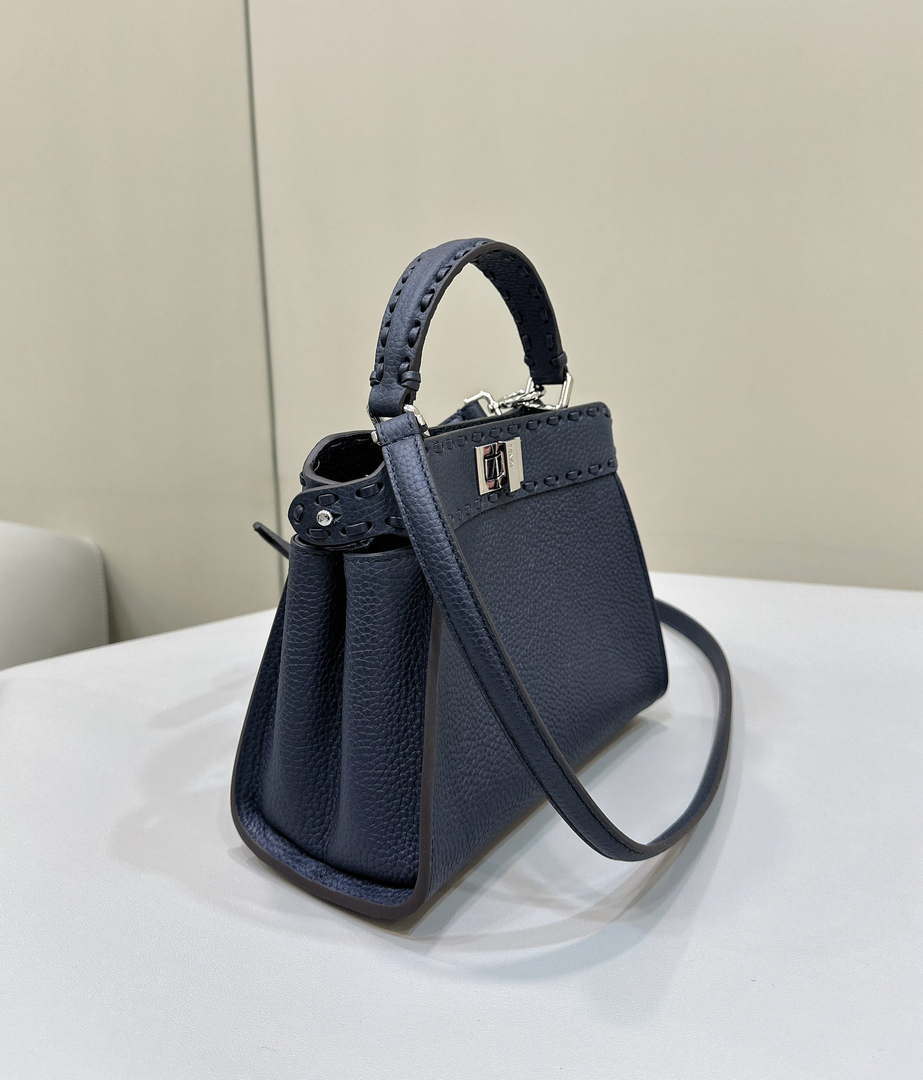 Fendi 8BN244 Peekaboo Mini Night Mist Blue Selleria bag with 220 hand-sewn topstitches 8615