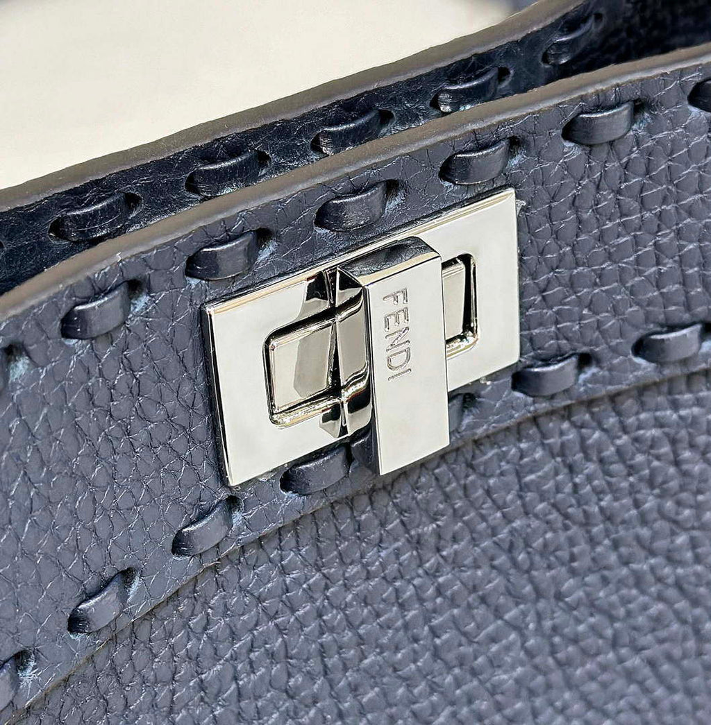 Fendi 8BN244 Peekaboo Mini Night Mist Blue Selleria bag with 220 hand-sewn topstitches 8615