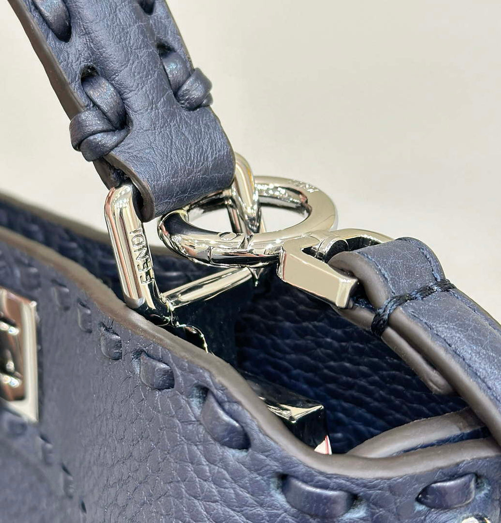 Fendi 8BN244 Peekaboo Mini Night Mist Blue Selleria bag with 220 hand-sewn topstitches 8615