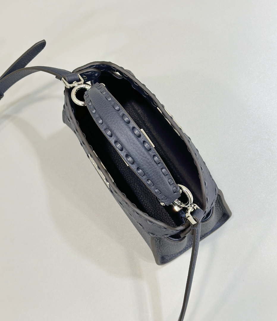 Fendi 8BN244 Peekaboo Mini Night Mist Blue Selleria bag with 220 hand-sewn topstitches 8615